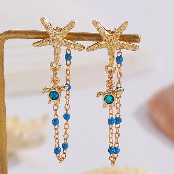 Gold Starfish & Ocean Charm Chain Drop Earrings - Drop Earrings - 18k Gold Plated Waterproof Jewellery - Collection 9