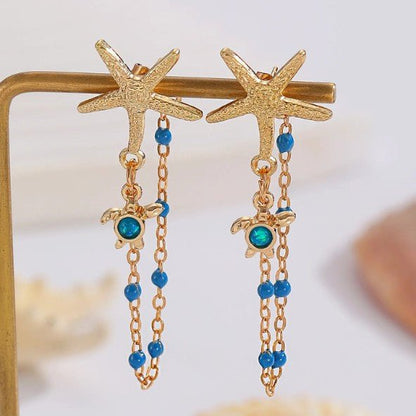 Gold Starfish & Ocean Charm Chain Drop Earrings - Drop Earrings - 18k Gold Plated Waterproof Jewellery - Collection 9