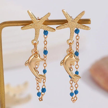 Gold Starfish & Ocean Charm Chain Drop Earrings - Drop Earrings - 18k Gold Plated Waterproof Jewellery - Collection 9