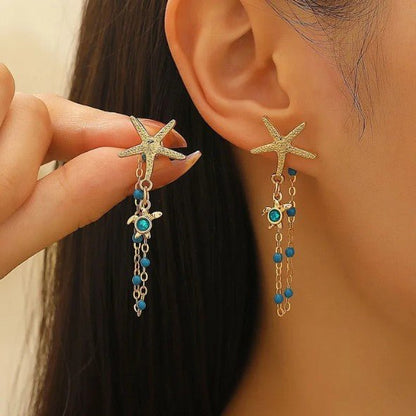 Gold Starfish & Ocean Charm Chain Drop Earrings - Drop Earrings - 18k Gold Plated Waterproof Jewellery - Collection 9