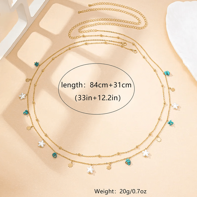 Gold Starfish & Turquoise Charm Double Layer Waist Chain - Waist Chains - 18k Gold Plated Waterproof Jewellery - Collection 9