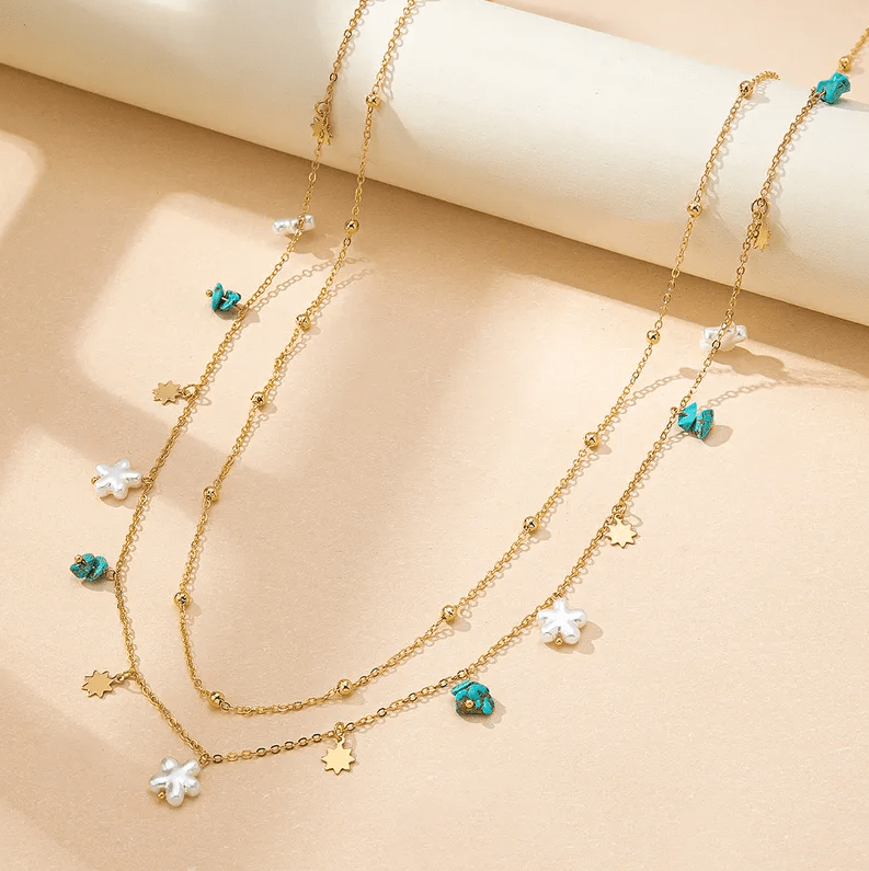 Gold Starfish & Turquoise Charm Double Layer Waist Chain - Waist Chains - 18k Gold Plated Waterproof Jewellery - Collection 9
