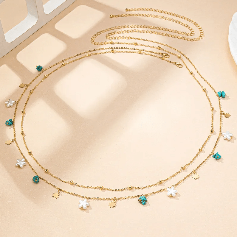 Gold Starfish & Turquoise Charm Double Layer Waist Chain - Waist Chains - 18k Gold Plated Waterproof Jewellery - Collection 9
