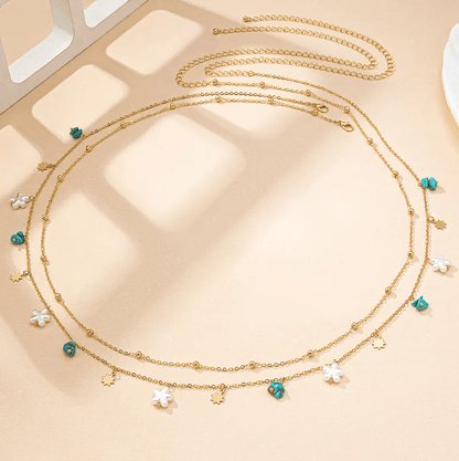Gold Starfish & Turquoise Charm Double Layer Waist Chain - Waist Chains - 18k Gold Plated Waterproof Jewellery - Collection 9
