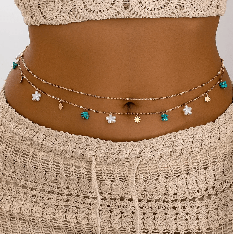 Gold Starfish & Turquoise Charm Double Layer Waist Chain - Waist Chains - 18k Gold Plated Waterproof Jewellery - Collection 9