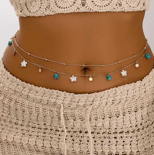 Gold Starfish & Turquoise Charm Double Layer Waist Chain - Waist Chains - 18k Gold Plated Waterproof Jewellery - Collection 9