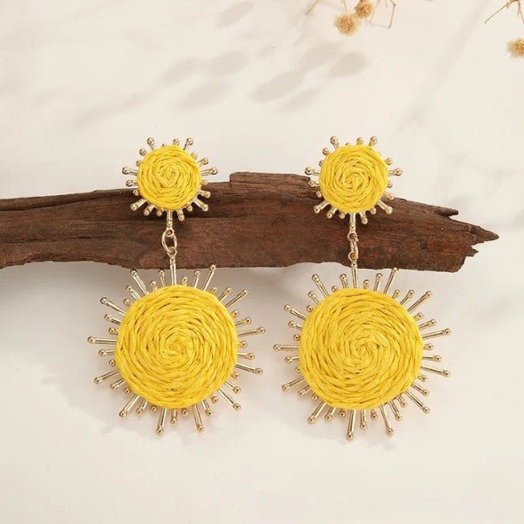 Gold Sunburst Frame & Yellow Raffia Coil Double Sun Drop Earrings - Drop Earrings - 18k Gold Plated Waterproof Jewellery - Collection 9