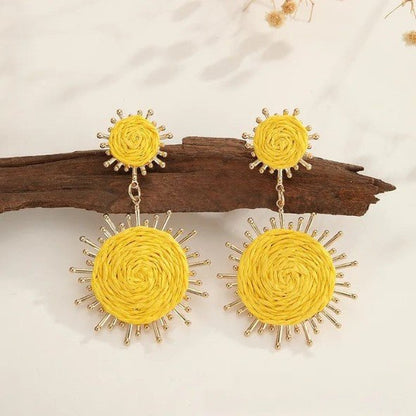 Gold Sunburst Frame & Yellow Raffia Coil Double Sun Drop Earrings - Drop Earrings - 18k Gold Plated Waterproof Jewellery - Collection 9