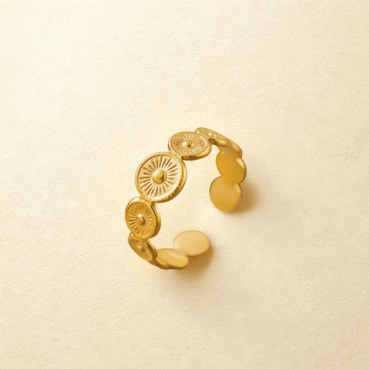 Gold Sunburst Medallion Adjustable Ring - Jewelry - 18k Gold Plated Waterproof Jewellery - Collection 9