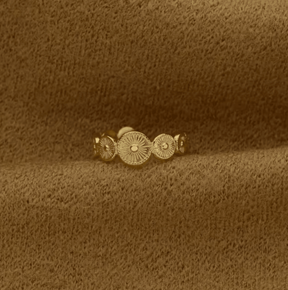 Gold Sunburst Medallion Adjustable Ring - Jewelry - 18k Gold Plated Waterproof Jewellery - Collection 9