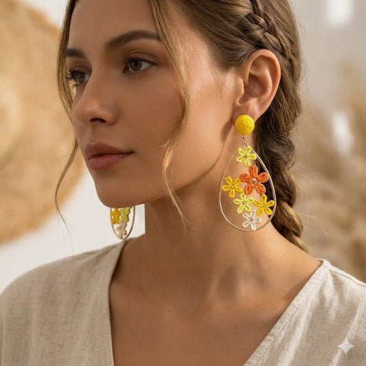 Gold Teardrop Hoop & Multicolour Raffia Flower Cluster Drop Earrings - Collection 9 Ltd
