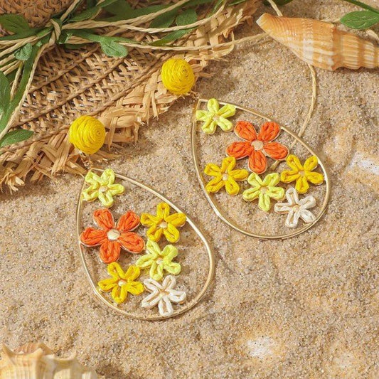 Gold Teardrop Hoop & Multicolour Raffia Flower Cluster Drop Earrings - Collection 9 Ltd