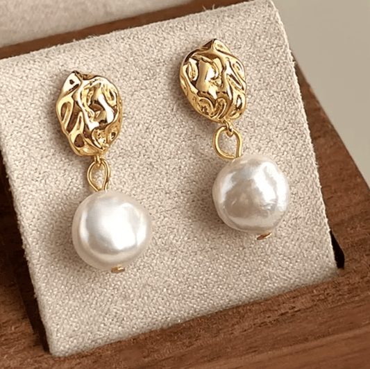 Gold Textured Disc Freshwater Pearl Drop Earrings - - 18k Gold Plated Waterproof Jewellery - Collection 9