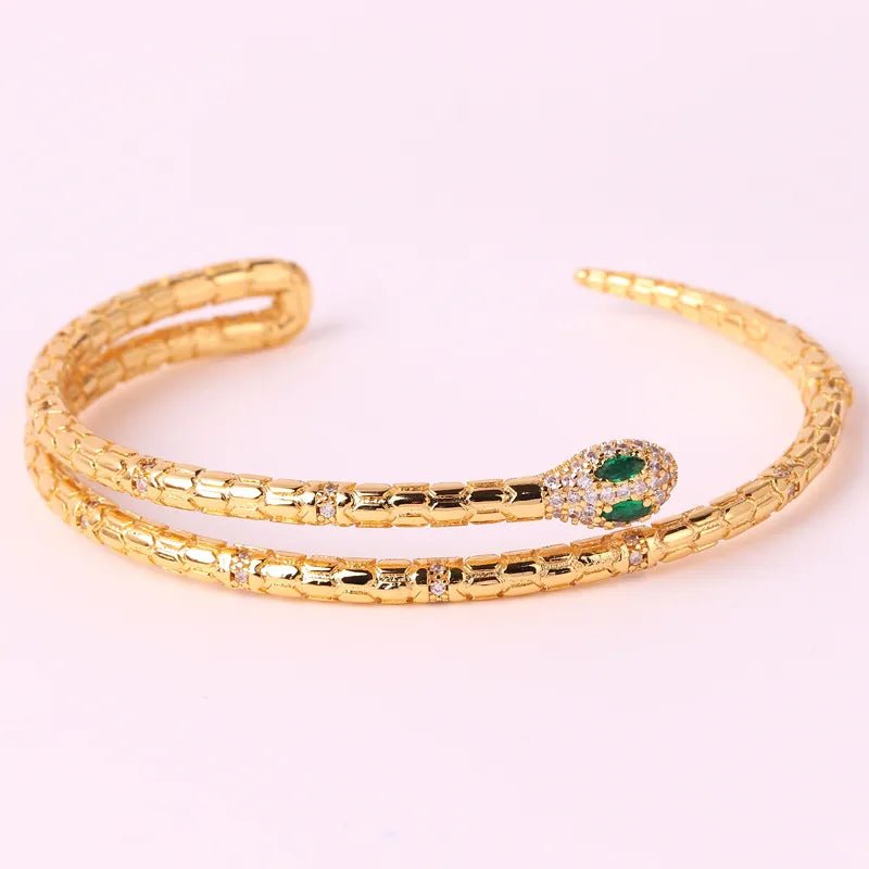 Gold Textured Double Coil Snake & Emerald Zircon Head Bangle - Bangle - 18k Gold Plated Waterproof Jewellery - Collection 9