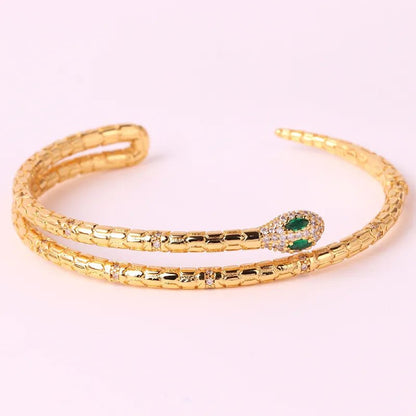 Gold Textured Double Coil Snake & Emerald Zircon Head Bangle - Bangle - 18k Gold Plated Waterproof Jewellery - Collection 9