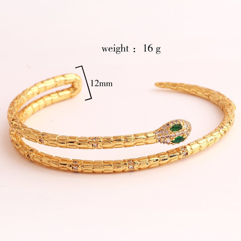 Gold Textured Double Coil Snake & Emerald Zircon Head Bangle - Bangle - 18k Gold Plated Waterproof Jewellery - Collection 9