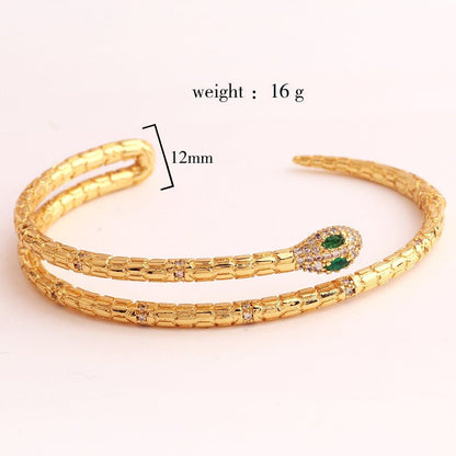 Gold Textured Double Coil Snake & Emerald Zircon Head Bangle - Bangle - 18k Gold Plated Waterproof Jewellery - Collection 9