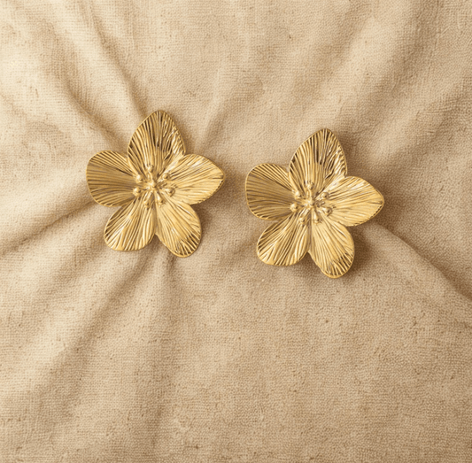 Gold Textured Flower Stud Earrings - Jewelry - 18k Gold Plated Waterproof Jewellery - Collection 9