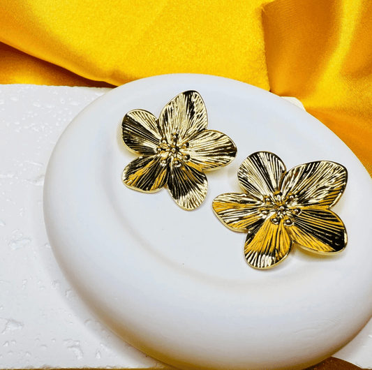 Gold Textured Flower Stud Earrings - Jewelry - 18k Gold Plated Waterproof Jewellery - Collection 9