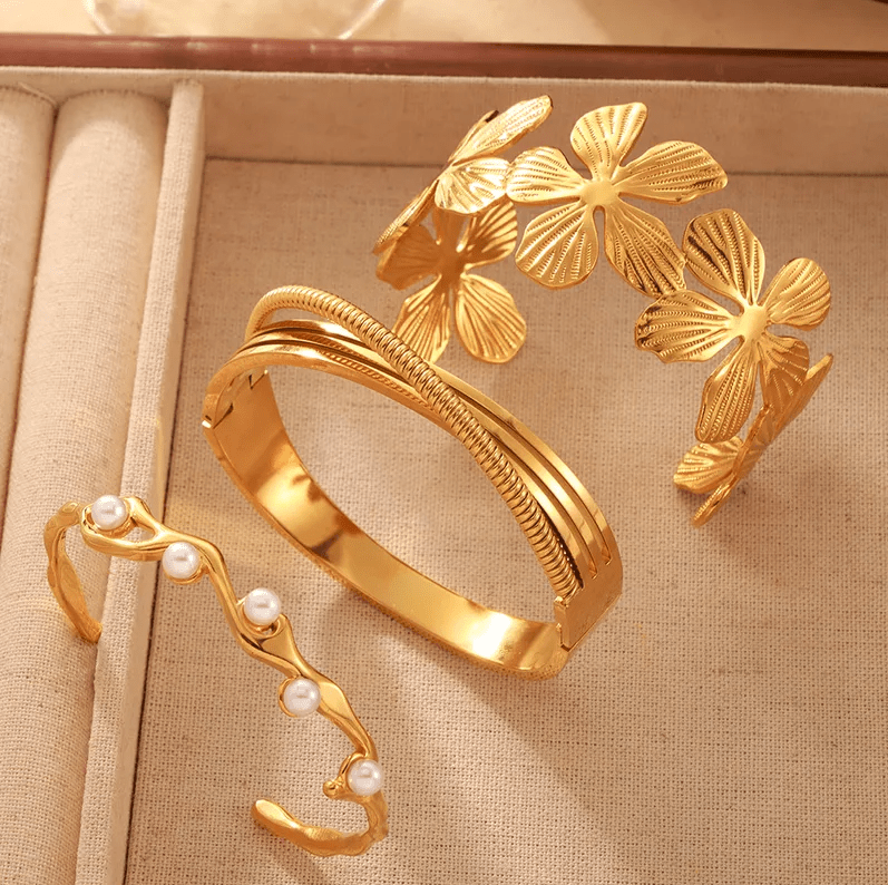 Gold Textured Hinged Bangle Bracelet - Jewelry - 18k Gold Plated Waterproof Jewellery - Collection 9