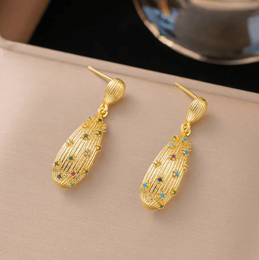 Gold Textured Oval Crystal Jewellery Set - Jewellery Set - 18k Gold Plated Waterproof Jewellery - Collection 9