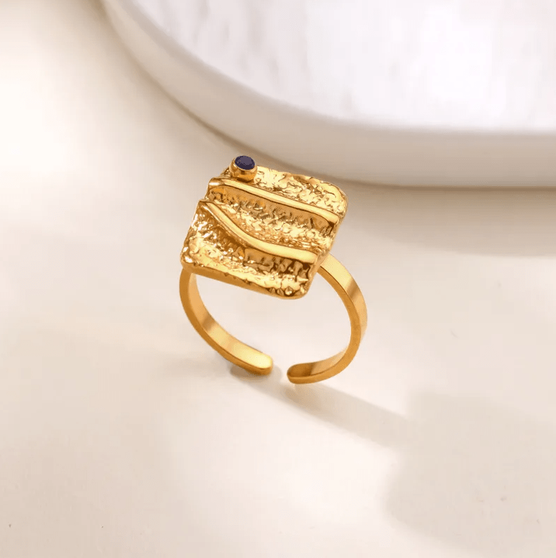 Gold Textured Square Ring - Rings - 18k Gold Plated Waterproof Jewellery - Collection 9