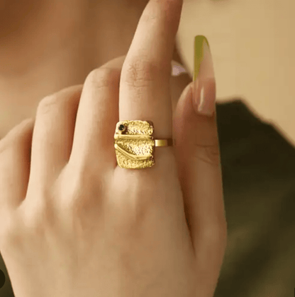 Gold Textured Square Ring - Rings - 18k Gold Plated Waterproof Jewellery - Collection 9