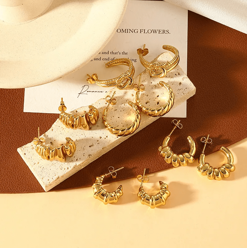 Gold Textured Twisted C-Hoop Earrings - - 18k Gold Plated Waterproof Jewellery - Collection 9