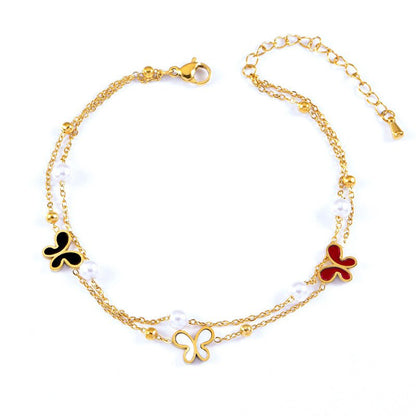 Gold Tri-Colour Butterfly Pearl Double Layer Anklet - Anklets - 18k Gold Plated Waterproof Jewellery - Collection 9