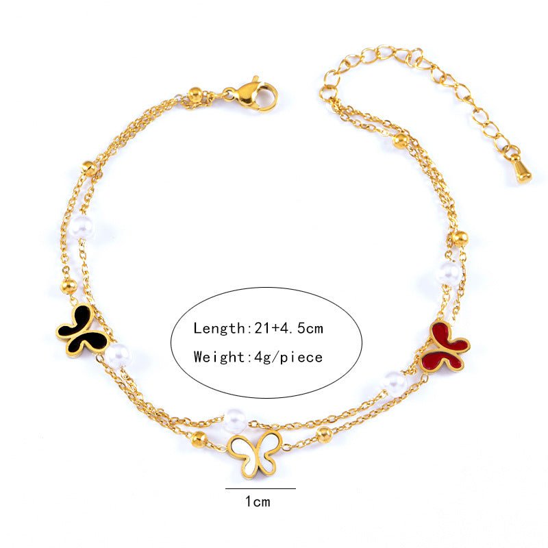 Gold Tri-Colour Butterfly Pearl Double Layer Anklet - Anklets - 18k Gold Plated Waterproof Jewellery - Collection 9