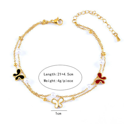 Gold Tri-Colour Butterfly Pearl Double Layer Anklet - Anklets - 18k Gold Plated Waterproof Jewellery - Collection 9