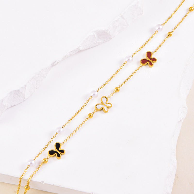 Gold Tri-Colour Butterfly Pearl Double Layer Anklet - Anklets - 18k Gold Plated Waterproof Jewellery - Collection 9