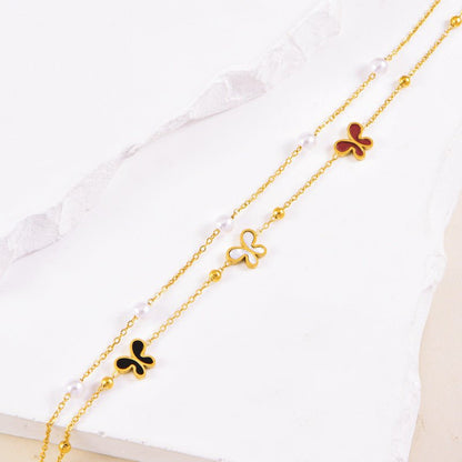 Gold Tri-Colour Butterfly Pearl Double Layer Anklet - Anklets - 18k Gold Plated Waterproof Jewellery - Collection 9