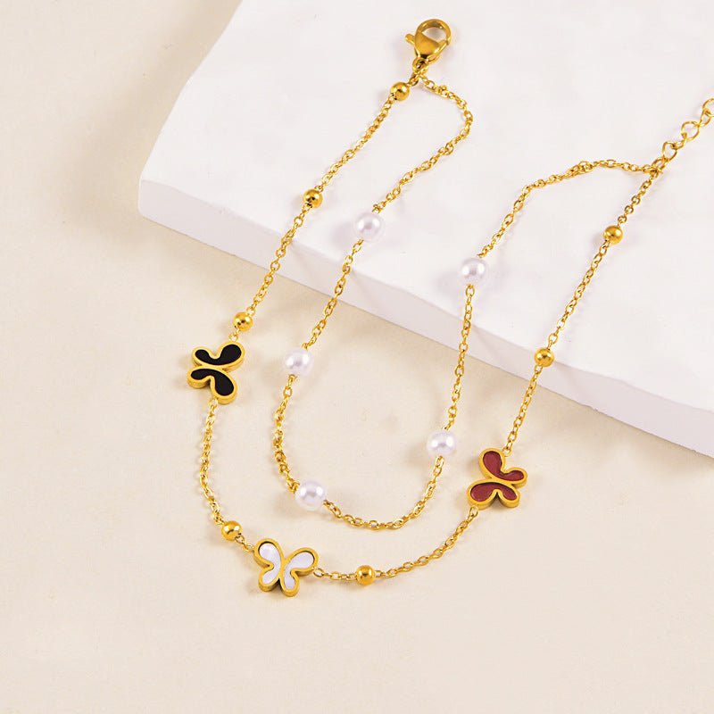 Gold Tri-Colour Butterfly Pearl Double Layer Anklet - Anklets - 18k Gold Plated Waterproof Jewellery - Collection 9