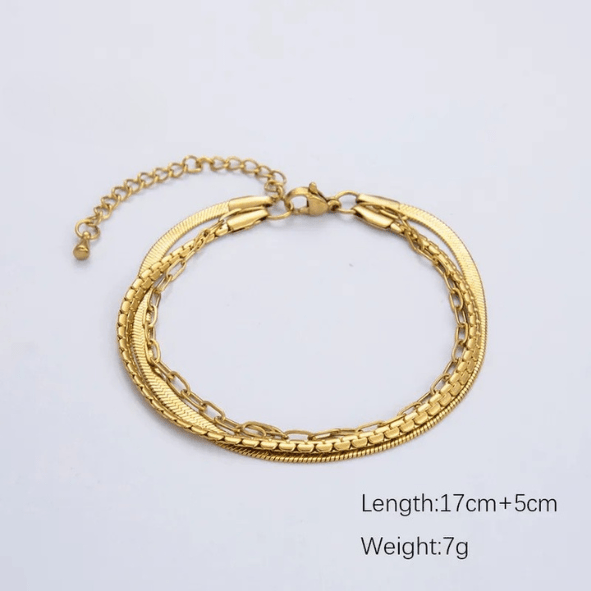 Gold Triple Layer Herringbone Box & Paperclip Chain Bracelet - Bracelets - 18k Gold Plated Waterproof Jewellery - Collection 9