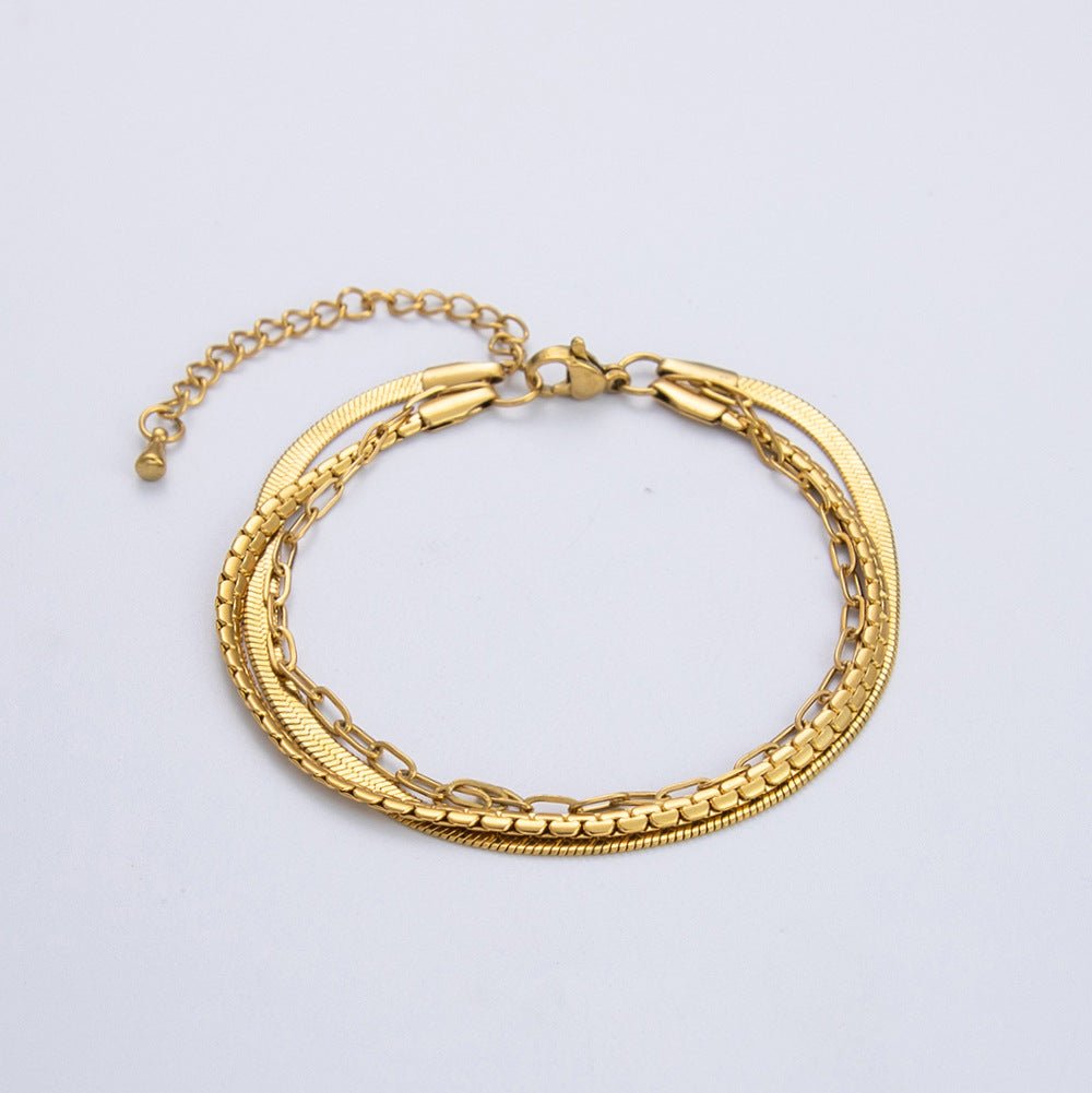 Gold Triple Layer Herringbone Box & Paperclip Chain Bracelet - Bracelets - 18k Gold Plated Waterproof Jewellery - Collection 9