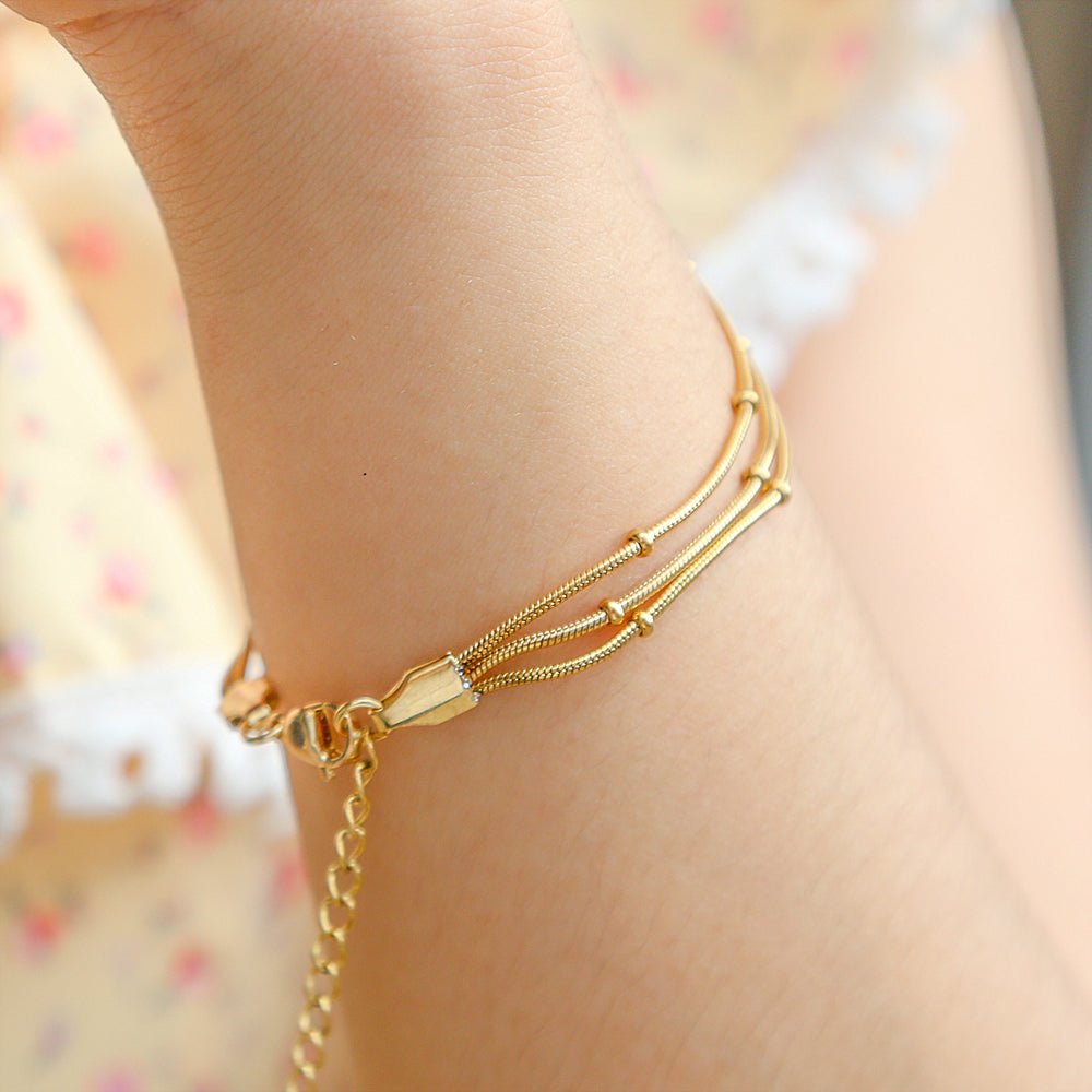 Gold Triple Layer Snake & Satellite Bead Chain Bracelet - Bracelets - 18k Gold Plated Waterproof Jewellery - Collection 9