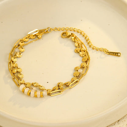 Gold Triple Layer Star Texture Paperclip & Cable Chain Bracelet with White Ceramic Bead - Bracelets - 18k Gold Plated Waterproof Jewellery - Collection 9