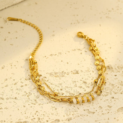 Gold Triple Layer Star Texture Paperclip & Cable Chain Bracelet with White Ceramic Bead - Bracelets - 18k Gold Plated Waterproof Jewellery - Collection 9