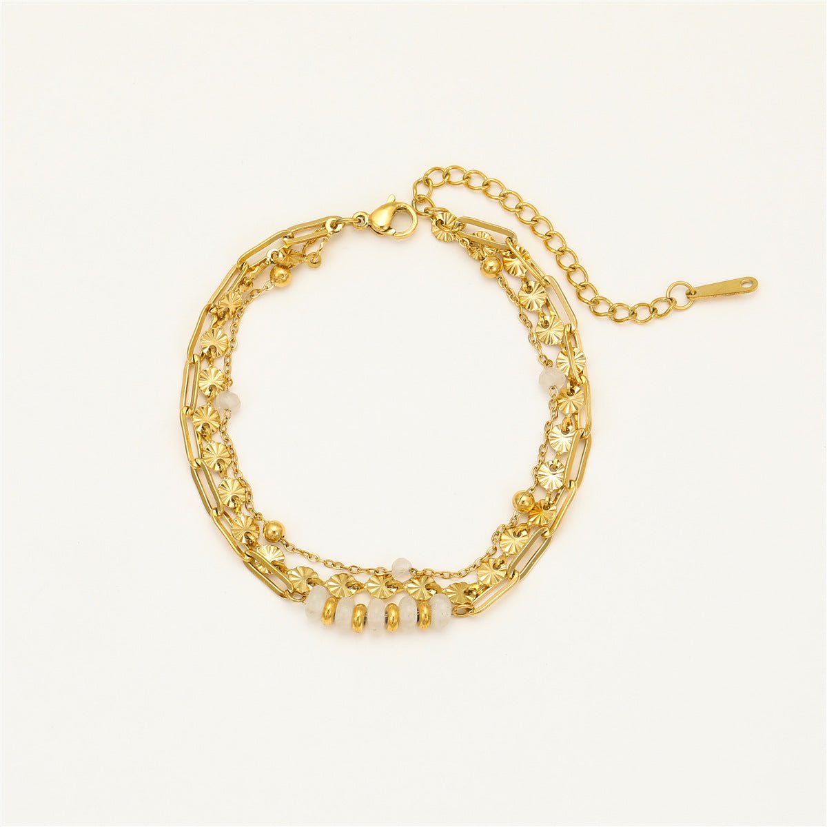 Gold Triple Layer Star Texture Paperclip & Cable Chain Bracelet with White Ceramic Bead - Bracelets - 18k Gold Plated Waterproof Jewellery - Collection 9
