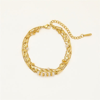 Gold Triple Layer Star Texture Paperclip & Cable Chain Bracelet with White Ceramic Bead - Bracelets - 18k Gold Plated Waterproof Jewellery - Collection 9