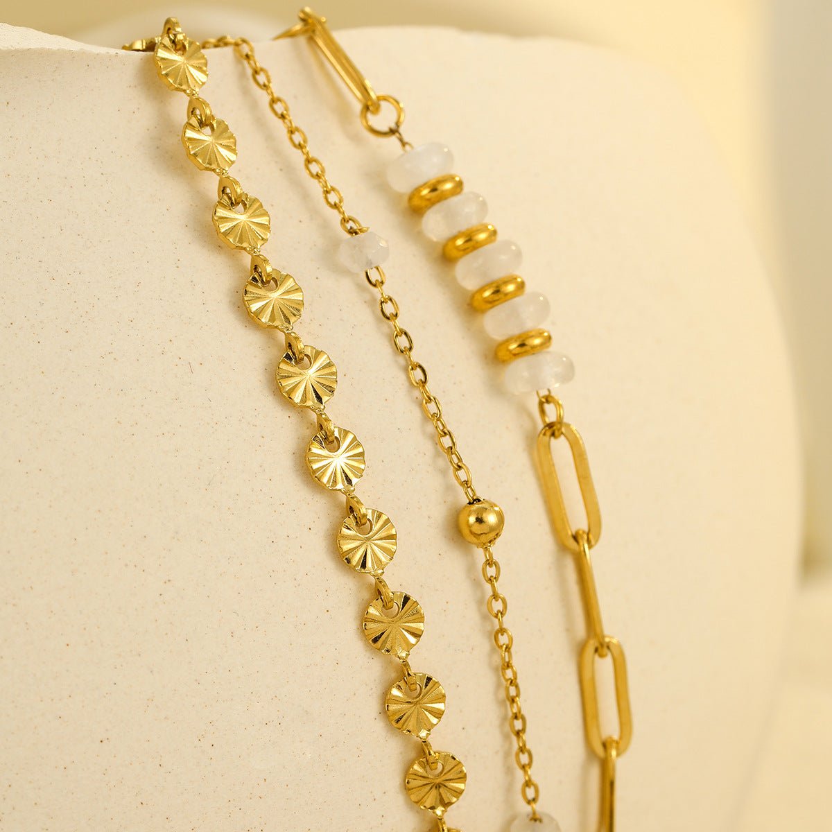 Gold Triple Layer Star Texture Paperclip & Cable Chain Bracelet with White Ceramic Bead - Bracelets - 18k Gold Plated Waterproof Jewellery - Collection 9