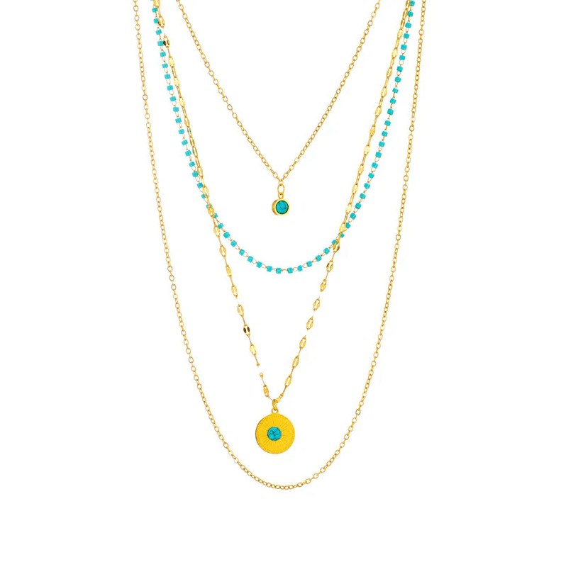 Gold Turquoise Four Layered Necklace - Necklaces - 18k Gold Plated Waterproof Jewellery - Collection 9