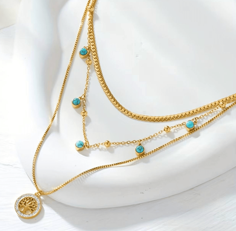 Gold Turquoise Tree of Life Layered Necklace Set - Necklace - 18k Gold Plated Waterproof Jewellery - Collection 9