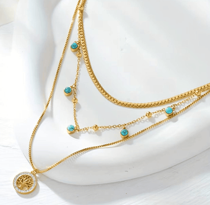 Gold Turquoise Tree of Life Layered Necklace Set - Necklace - 18k Gold Plated Waterproof Jewellery - Collection 9