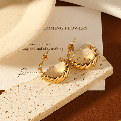 Gold Twisted Rope C-Hoop Earrings - - 18k Gold Plated Waterproof Jewellery - Collection 9