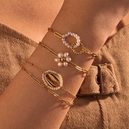 Gold Twisted Rope Heart & Pearl Charm Paperclip Chain Bracelet - Bracelets - 18k Gold Plated Waterproof Jewellery - Collection 9