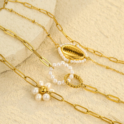 Gold Twisted Rope Heart & Pearl Charm Paperclip Chain Bracelet - Bracelets - 18k Gold Plated Waterproof Jewellery - Collection 9