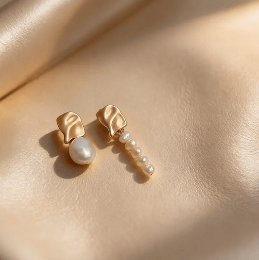 Gold Wave Asymmetric Freshwater Pearl Earrings - - 18k Gold Plated Waterproof Jewellery - Collection 9