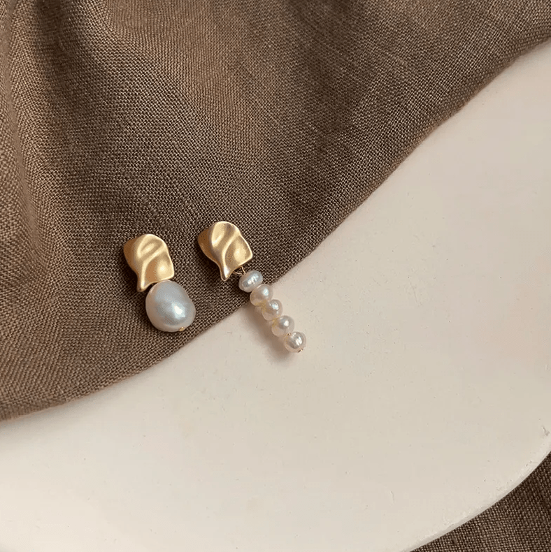Gold Wave Asymmetric Freshwater Pearl Earrings - - 18k Gold Plated Waterproof Jewellery - Collection 9